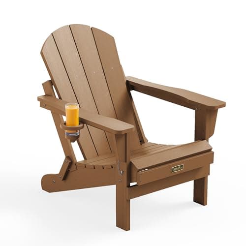 SERWALL Folding Adirondack Chair, All Weather Adirondack Chairs with Cup Holder for Patio Garden Outdoors Fire Pit Chair - Brown