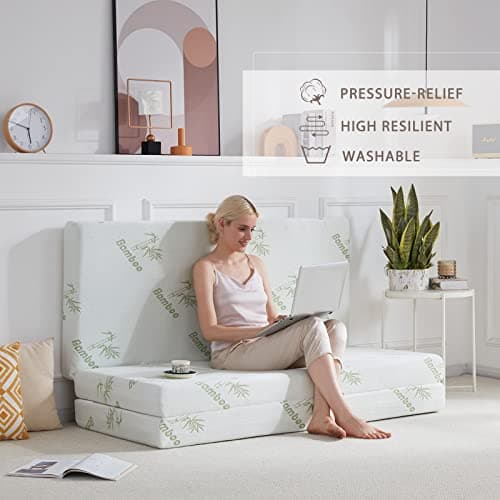 SINWEEK Memory Foam Folding Mattress, 4 Inch Foldable Trifold Mattress Topper, CertiPUR-US Certified Guest Bed with Cooling Cover & Waterproof Lining 6