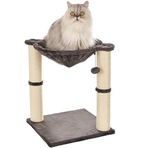 Amazon Basics Sturdy Cat Condo Tower with Hammock Bed and Scratching Posts, Interactive Hanging Ball Toy for Indoor Cats, 15.8" x 15.8" x 19.7", Gray