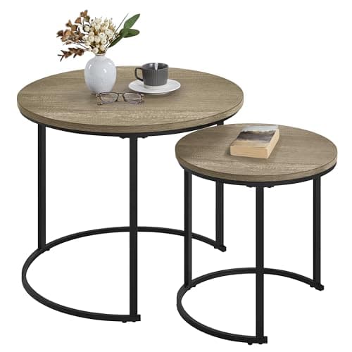 Yaheetech Nesting Coffee Table Set of 2, Nesting Table, Rustic Stacking Side Tables, Nesting End Table Set w/Round Wooden Tabletop and Sturdy Metal Base for Living Room,Small Space, Gray