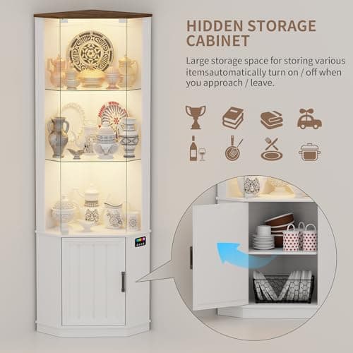 Lvifur 69" Corner Glass Display Cabinet with RGB Lights,3-Tier Movable Glass Shelves,Curio Display with Human Body Sensor,Bookcase with Storage Cabinet for Toys,Books,Collectibles,Liquor,White 6