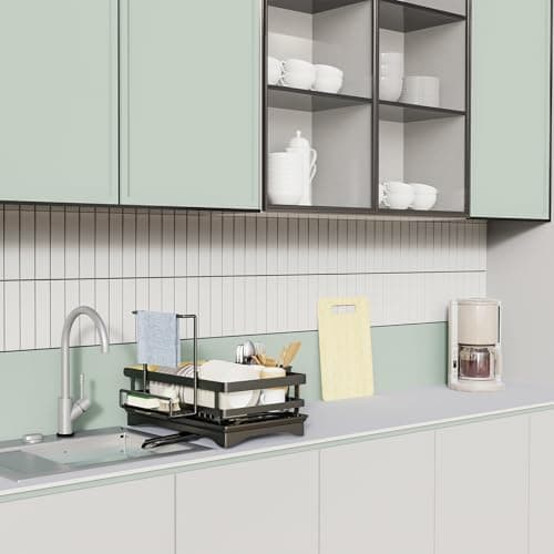 Yawinhe Dish Racks for Kitchen Counter, Space-Saving Drainers with Removable Utensil Holder, Drainboard and Spout, for Knives, Spoons, and Forks, Black 8