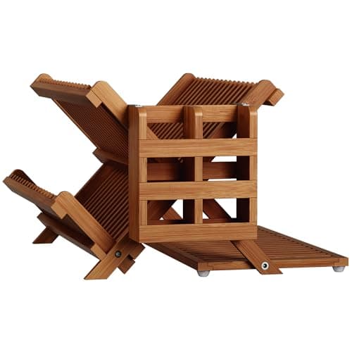Greenual Teak Dish Drying Rack with Utensil Holder, 3 Tier Collapsible Dish Rack, Wooden Dish Racks for Kitchen Counter, Large Folding Drying Holder with Absorbent Dish Drying Mat 7