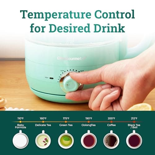Elite Gourmet 1.2L Electric Glass Kettle, 1200W Fast Boil, Adjustable Temperature Control & Keep Warm, BPA-Free Borosilicate Glass, Auto Shut-Off & Boil-Dry Protection, 360° Cordless Base, Mint 5