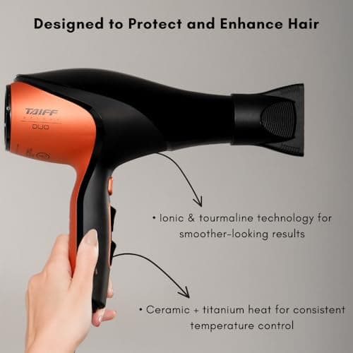Taiff Unique Duo Professional Hair Dryer – 127V | 1875W Power | AC Motor | Tourmaline + Ionic & Ceramic Technology | Titanium Elements | 2 Concentrator Nozzles (Orange) 5