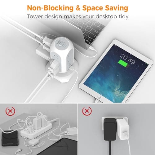 Tower Power Strip Flat Plug with 11 Outlets 3 USB (1 USB C), TESSAN Surge Protector Tower 1625W/13A,1050J Protection, 6 Feet Extension Cord with Multiple Outlets, Office Desk Supplies, Dorm Essentials 5