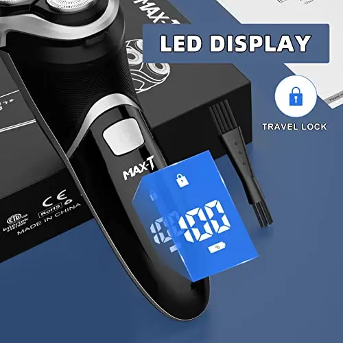 MAX-T Men's Electric Shaver - Corded and Cordless Rechargeable 3D Rotary Shaver Razor for Men with Pop-up Sideburn Trimmer Wet and Dry Painless 100-240V Black (Metal Black) 6