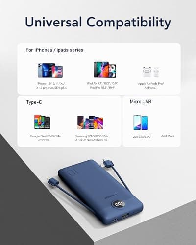 VEGER Portable Charger with Built-in AC Plug and Cables, All in One 10000mAh Ultra Slim Power Bank Travel Essentials, Fast Charging Battery Pack Compatible with iPhone, Samsung, Android (Navy) 6