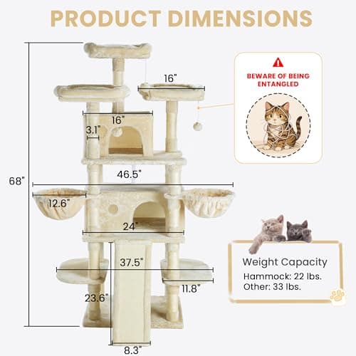 SHA CERLIN 68 Inches Multi-Level Large Cat Tree for Large Kitties/Big Cat Tower with Condo/Cozy Plush ‌Pussycat Perches/Sisal Scratching Posts and Hammocks/Activity Center/Beige 6
