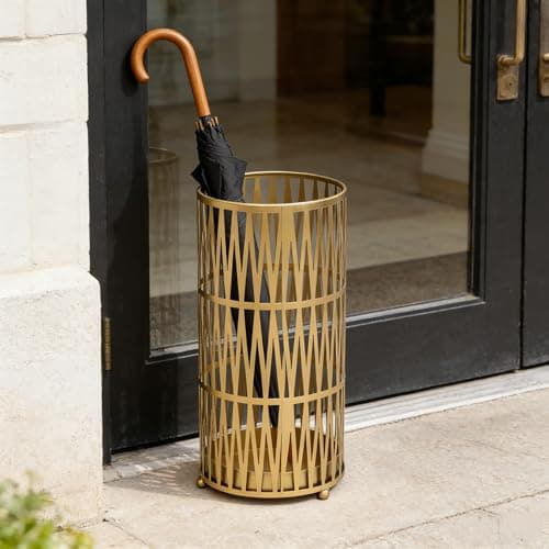 Joveco Umbrella Racks- Gold Metal Round Umbrella Stand Holder with Drip Tray for Home Entryway- Free Standing Holders for Canes Walking sticks and Hiking Poles (Gold Chevron)