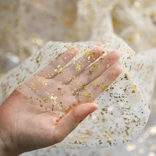 Artoid Mode Beige Gold Gauze Table Runner 120 Inch 10FT, Glitter Metallic Foil Sheer Dining Wedding Anniversary Holiday Birthday Table Decor for Home Party 6