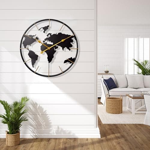KEQAM Large World Map Wall Clock,Metal Minimalist Modern Clock,Round Silent Non-Ticking Battery Operated Wall Clocks for Living Room/Home/Kitchen/Bedroom/Office/Farmhouse Decor (24 Inch) 6