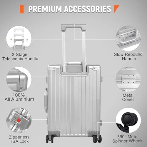 UrbanExplorer All Aluminum Carry On Luggage 22x14x9 Airline Approved Heavy Duty Hard Shell Suitcases Zipperless Suitcase with TSA Lock, Sliver, 20 Inch 7