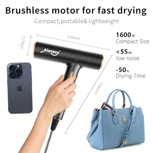 Hair Dryer, High Speed Ionic Blow Dryer with Brushless Motor for Fast Drying, Lightweight, Low Noise Compact Hair Blow Dryer, Hairdryer with 1 Magnetic Nozzle Attachments for Salon Home Travel 8