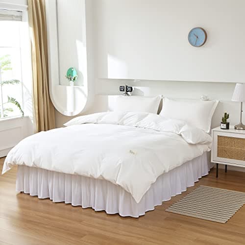 MEILA Wrap Around Bed Skirt Three Fabric Sides Elastic Dust Ruffled 16 Inch Tailored Drop,Easy to Install Fade Resistant-White, Queen/King 5