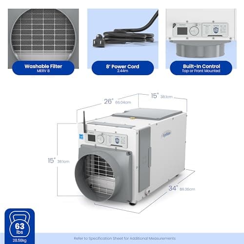 AprilAire E080W Smart Wi-Fi Whole-House Dehumidifier, 80-Pint ENERGY STAR Commercial Dehumidifier for Basement, Crawl Space & Home up to 4,400 Sq.Ft. with Pump, Drain Hose, Hanging Kit, MERV 11 Filter 13