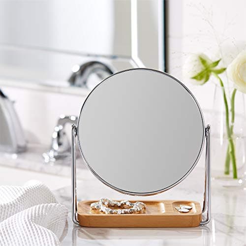 Amazon Basics Vanity Round Tabletop Mirror with 360° Rotation, Double Sided 1x/5x Magnification, Chrome Finish, Squared Bamboo Tray, 7.2"L x 3.35"W 5