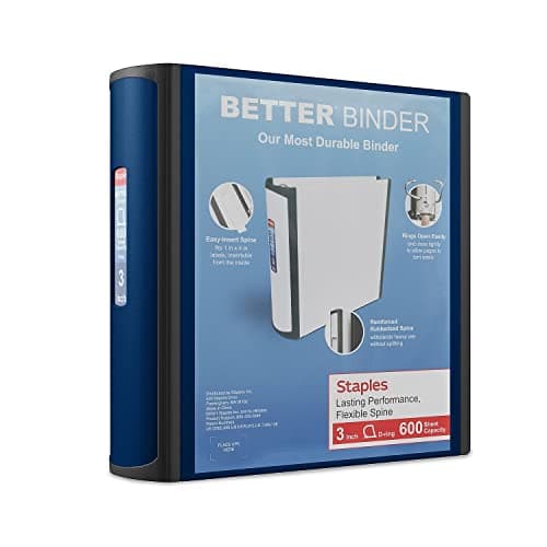 Staples Better Binder, 3" D‑Ring 3‑Ring Binder, Blue, Reinforced Rubber Spine, Heavy‑Duty Design, Holds up to 600 Sheets for School & Office