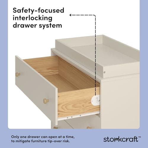 Storkcraft Texas 3 Drawer Chest with Removable Changing Table Topper (Frosted Oat/Driftwood) – GREENGUARD Gold Certified Baby Dresser, Interlocking Drawer System for Nursery & Kids’ Bedroom Dresser 8