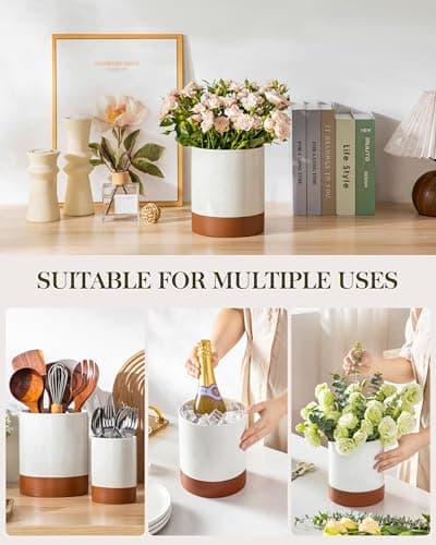 MALACASA Utensil Holder, 7.3"+5.5" Ceramic Kitchen Utensil Holder for Countertop, Large Cooking Utensil Crocks for Kitchen Counter, Farmhouse Utensils Organizer, Set of 2, Khaki White, Series TARA 6