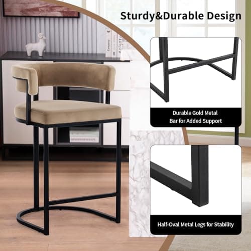Rongbuk Set of 2 Brown Modern Velvet Bar Stools with Barrel Backrest, Upholstered Seat, and Black Metal Footrest – 25.6-Inch Seat Height, Ideal for Counters, Home Bars, and Kitchen Islands 3