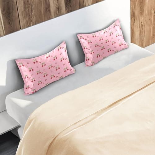 VEKELEE Cute Cherries and Bows Satin Pillowcase for Hair and Skin with Envelope Closure Breathable Wrinkle-Free and Cooling Satin Pillow Covers, Queen Size 20x30 in 9