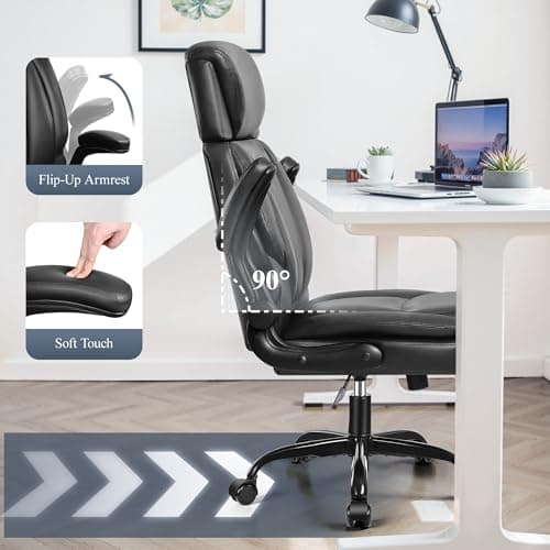 BestGlory Leather Office Chair, Big and Tall Office Chair Executive Breathable PU Computer Chair with Lumbar Support, High Back Home Office Desk Chair with Flip-up Armrests, Adjustable Headrest 7