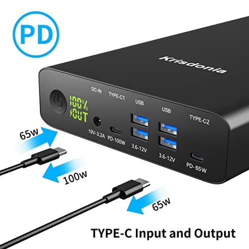 Krisdonia Portable Charger, PD 100W USB C Power Bank 64000mAh Fast Charging External Battery Pack with Dual PD (100W&65W) & 4 USB-A (QC3.0 18W) for Type-C Laptops, MacBook Pros, XPS, iPad Pro 5