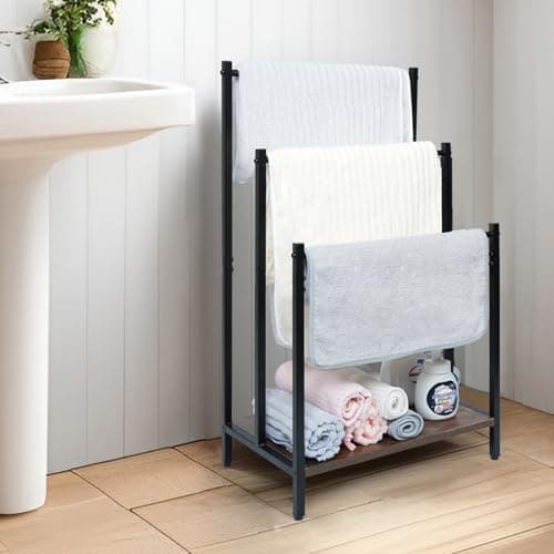 storenization Standing Towel Rack, 3-Tier Blanket Holder with Storage, Sturdy Freestanding Towel Racks Metal Blanket Rack for Bathroom, Bedroom, Living Room