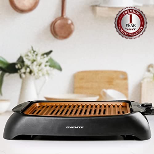 OVENTE Electric Indoor Grill with 13x10 Inch Non-Stick Cooking Surface, 1000W Fast Heat Up Power, Adjustable Temperature, Removable and Dishwasher Safe Grilling Plate and Drip Tray, Copper GD1632NLCO 8
