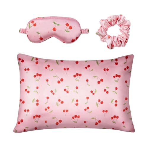 Glampton Slumber Satin Beauty Sleep Set, Cherry, 3-Piece Set with Pillowcase, Eye Mask, and Scrunchie 5