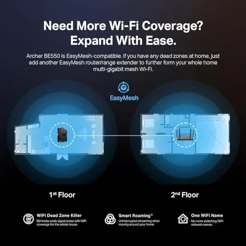 TP-Link Tri-Band BE9300 WiFi 7 Router (Archer BE550) – 6-Stream, Full 2.5G Ports, 6 Internal Antennas, Up to 2,000 sq. ft., EasyMesh Expansion, VPN 8