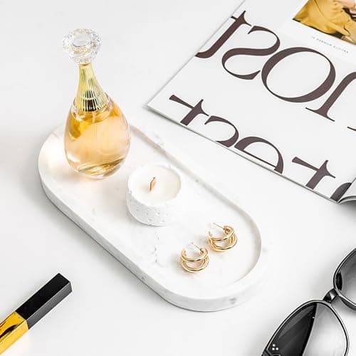 WORHE Natural Marble Vanity Tray Italy Oval Stone Trays for Candles Perfume, Decorative Jewelry Dish for Small Items, Countertop Storage Organizer for Home Bathroom Kitchen Matte Surface White (BH101) 5