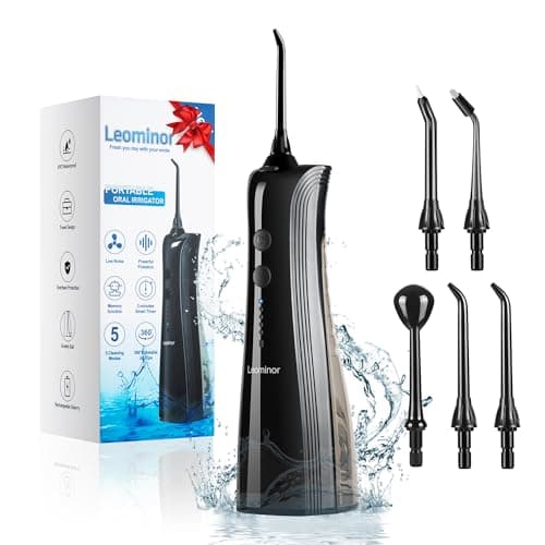 Leominor Water Flosser - 5 Modes Cordless Portable Oral Irrigator, IPX7 Waterproof, Rechargeable Teeth Cleaner Professional Flossing Cleaning Pick for Home Travel (Black)