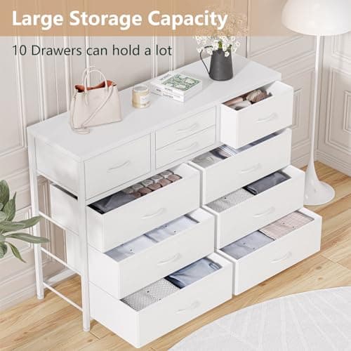 Jojoka Wide 10 Drawer Dresser,TV Stand Entertainment Center Fabric Storage Dressers Drawers for Bedroom, Hallway, Nursery, Closets, Steel Frame, Wood Top (White) 5