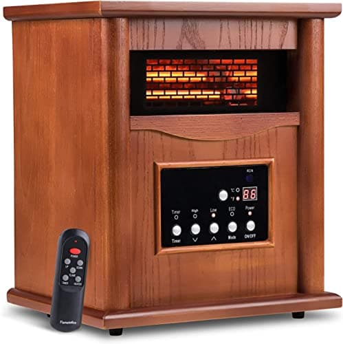 Electric Infrared Space Heaters for Indoor Room Use, LifePlus 1500W Box Space Heater with Wood Frame, Remote Control and Timer, Multiple Security Protections, Nice for Living Room Home Office