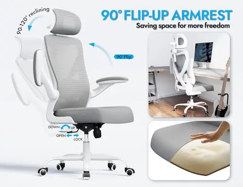 Ergonomic Office Chair: White Computer Desk Chair Comfy Gaming Chair for Adults - Office Chair with Lumbar Support & Headrest - Executive Office Rolling Chairs for Home Work (Grey) 7