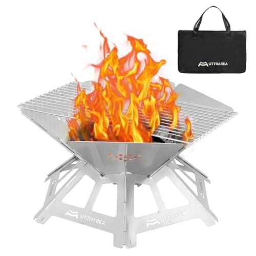 UTTOAREA 21" Portable Outdoor Fire Pit, Stainless Steel Portable & Collapsible Fire Pit with Charcoal Grill Net & Storage Bag,Wood-Burning for Patio, Backyard BBQ, Camping & Beach Bonfires