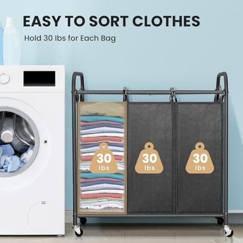 Laundry Sorter Cart, Rolling Laundry Cart with 3 Large Removable Bags, Laundry Organizer Hamper Basket with Lockable Wheels for Laundry Room Bed Room Clothes Storage 6