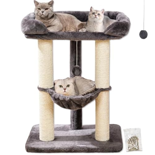 Happi N Pets 28" Cat Tree Tower, Tall Cat Scratching Post with Soft Perch for Window Viewing, Large Bed for Big Cats, Stable & Compact Cat Tower with Hammock, Removable Cover-Gray