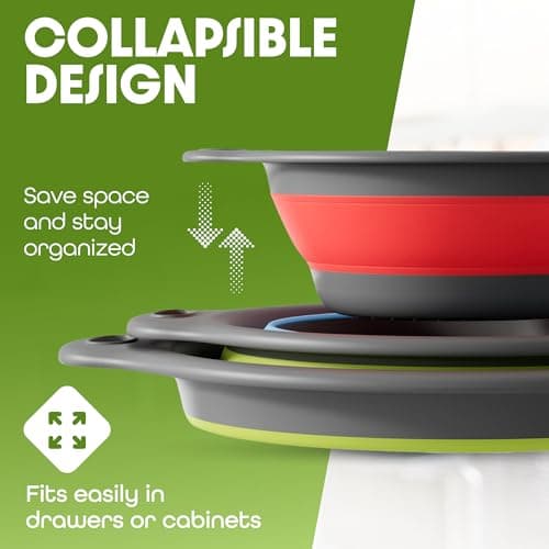 Gevoli Collapsible Colanders with Self-Draining Base for Edge of Sink, Food Strainers (Small/Med/Large), Nested Design for Easy Storage (Red, Blue, Green) (4PC Set) 5