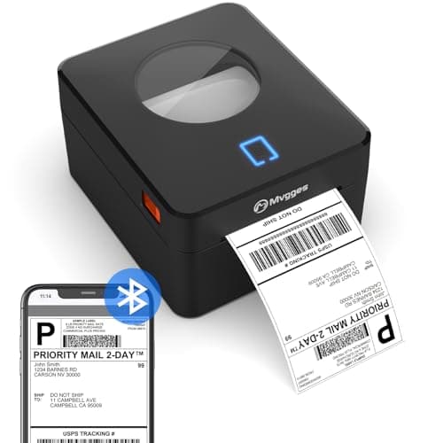 Mvgges Bluetooth Thermal Shipping Label Printer, 4x6 Label Printer for Shipping Packages, Support Windows, Mac, iOS, iPhone, Android, Used for Amazon, Ebay, Shopify, Etsy, UPS, USPS, Matte Black