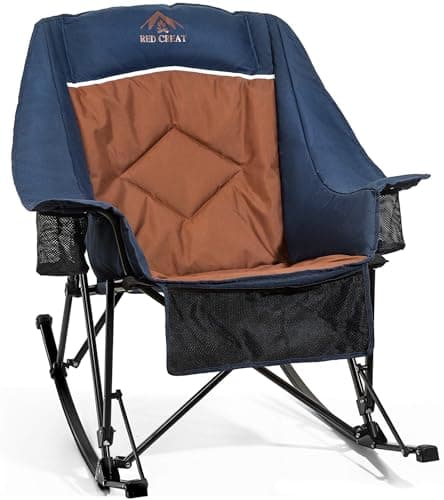 RED CREAT 400lbs Rocking Camping Chair, Oversized Heavy Duty XL Folding Rocker for Adults, Padded High Back Big & Tall Support, with Cup Holders & Carry Bag for RV, Lawn, Patio & Sports