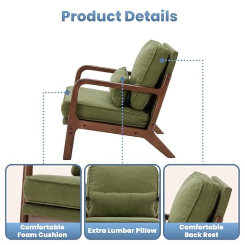 DUMOS Mid Century Accent Chair, Modern Living Room Chairs with Arms and Waist Cushion, Reading Chairs for Adults, Lounge Chair for Bedroom, Solid Wooden Frame, Classic Green 5