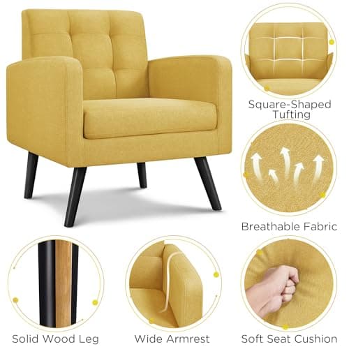 Yaheetech Mid-Century Accent Chairs, Modern Upholstered Living Room Chair, Cozy Armchair Button Tufted Back and Wood Legs for Bedroom/Office/Cafe, Yellow 5