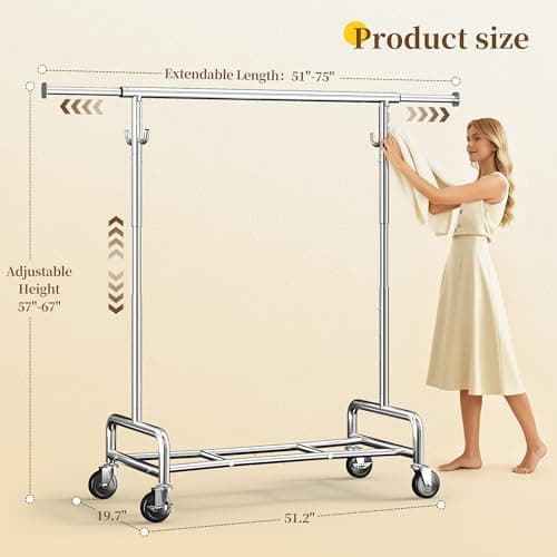 Raybee Heavy Duty Clothes Rack 75" Extra Wide, 450 LBS Clothing Rack with 4 Hooks, Lockable Wheels, Metal Garment Rack for Bedroom, Laundry Room, Commercial 8