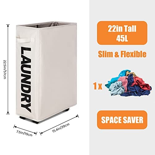 Caroeas 22" Rolling Slim Laundry Basket with Stand Foldable Waterproof Sorter and Organizer on Wheels Tall Thin Dirty Laundry Hamper Basket Home Corner Bin (Beige) 2