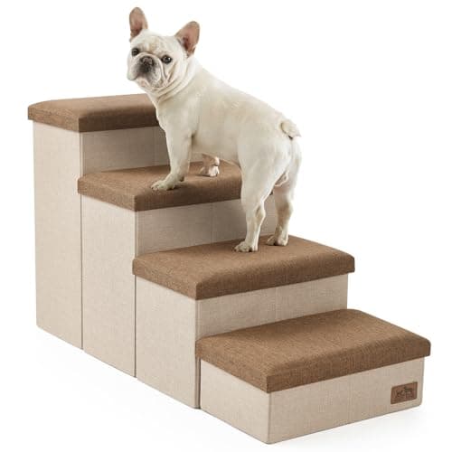 Dog Stairs with Storage, 4-Step Wider Sturdy Dog Steps for Small/Medium/Large Dogs and Older Cats, Folding Doggie Ramp for Bed/Couch/Car Hold Up to 180 lbs (22" H, Brown)