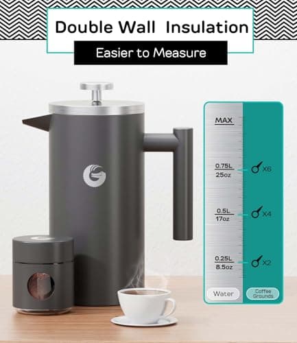 Coffee Gator 304 Grade Stainless Steel French Press Coffee Maker 34 oz, Double Wall Insulated Hot Cold Brew Teapot with 4-Level Filtration System, Include Travel Jar Canister, Rust-Free, Kitchen, Gray 9