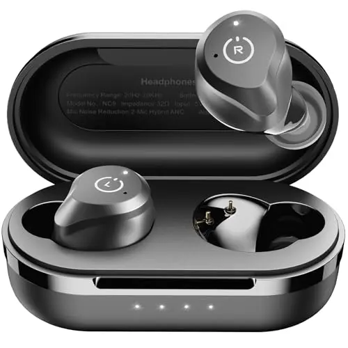 TOZO NC9 Hybrid Active Noise Cancelling Wireless Earbuds, in Ear Headphones IPX6 Waterproof Bluetooth 5.3 Stereo Earphones, Immersive Sound Premium Deep Bass Headset Matte Black.